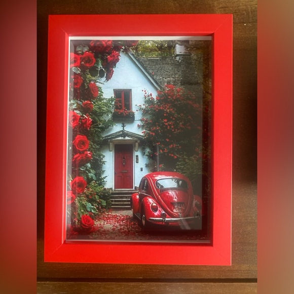 Red Framed Vintage Car and Roses Art - 6x8 - Picture 2 of 2